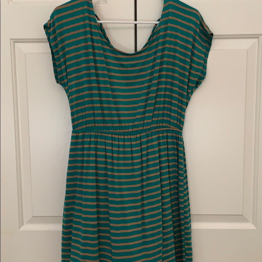 Green & Brown Striped Dress with Crisscross Back